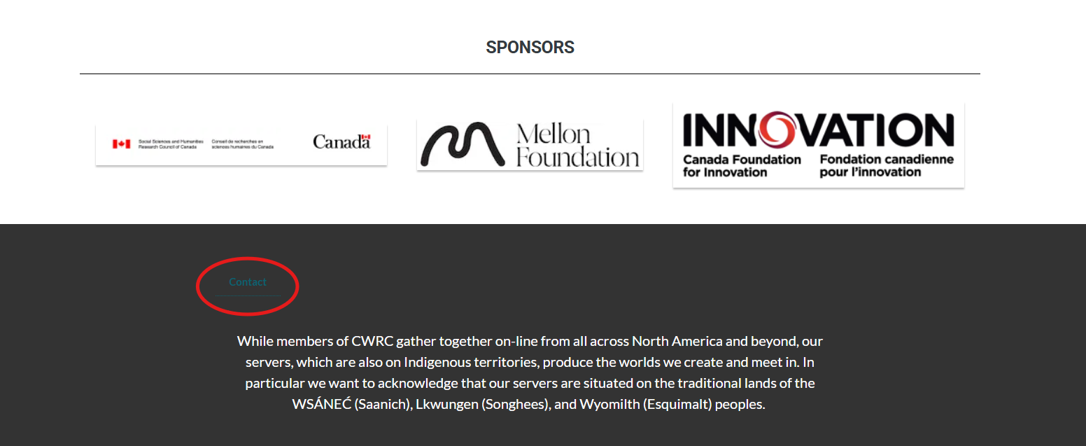 Snapshot of the LEAF-VRE instance of CWRC's contact button, circled in red, on the home page in English taken on June 30, 2026