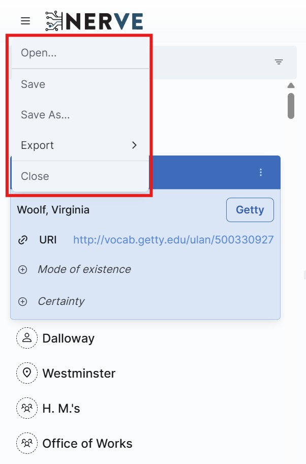 Nerve File Menu with options to save or export